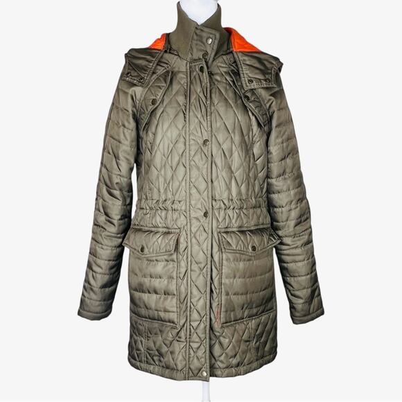 Vince Camuto Quilted Long Jacket Coat Detachable Hood Womens Size M Olive Brass - Picture 1 of 9